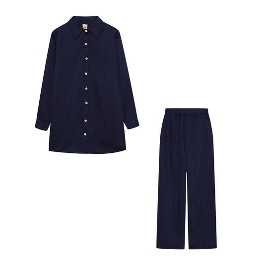 Damen Satin Pyjama Set mit langärmliger Bluse und weiten Hosen Heidi-Mode