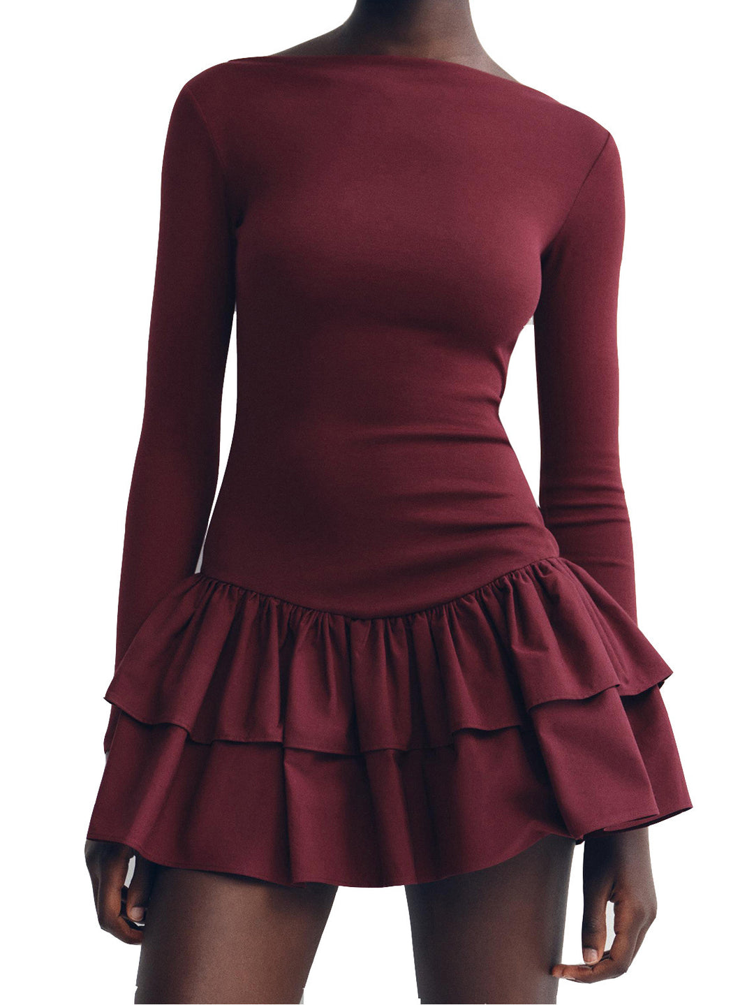 Damen Minikleid mit asymmetrischem Rüschenbesatz und eleganten langen Ärmeln Heidi-Mode