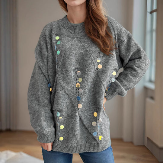 Damen lässiger Pullover mit dekorativen Pailletten und strukturiertem Maschenmuster Heidi-Mode