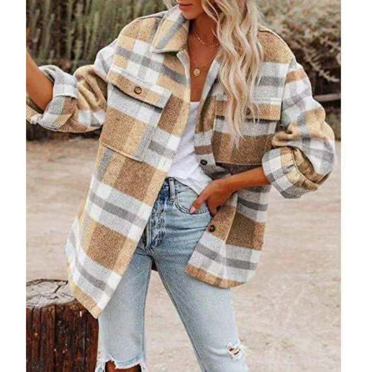 Damen Karobluse mit oversized Schnitt und Taschen Heidi-Mode