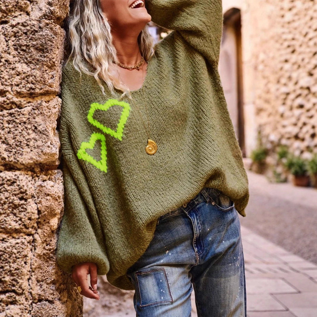 Damen lässiger Oversized-Pullover mit Herzapplikationen Heidi-Mode