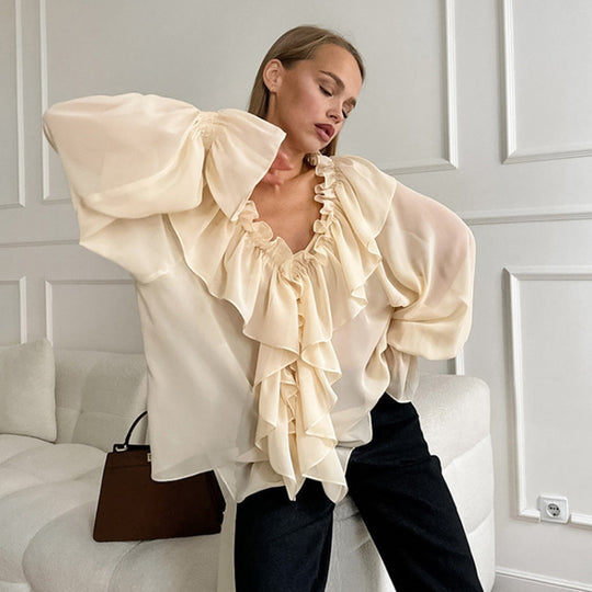Damen Luftige Rüschenbluse aus Chiffon mit Oversize-Schnitten Heidi-Mode