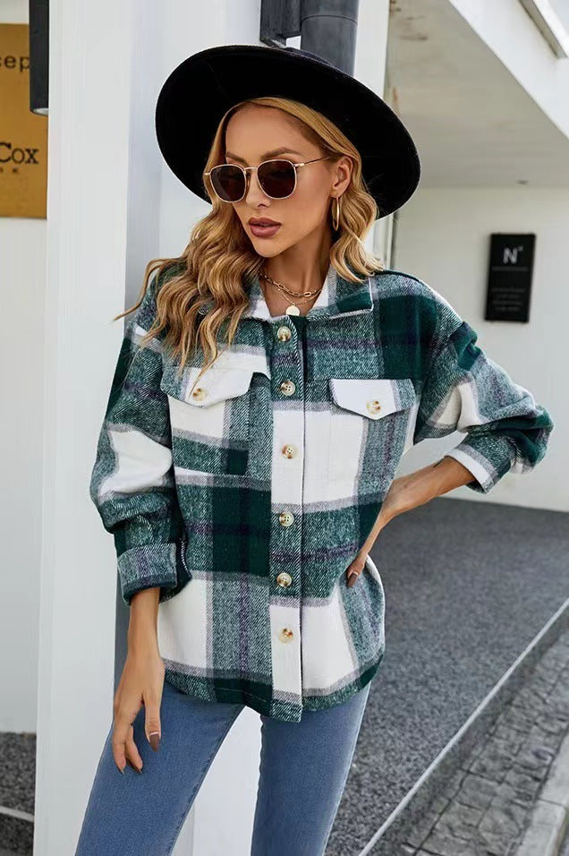 Damen Karierte Flanelljacke mit Knopfleiste und Taschen Heidi-Mode