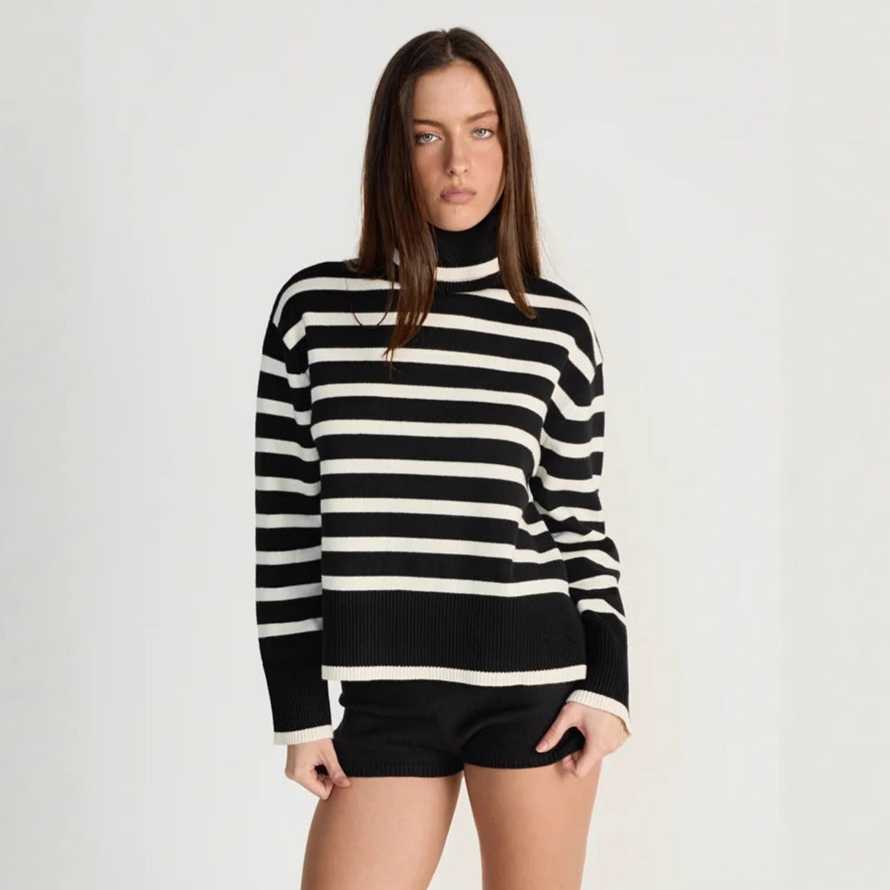 Damen gestreifter Rollkragenpullover mit lässigem Schnitt Heidi-Mode