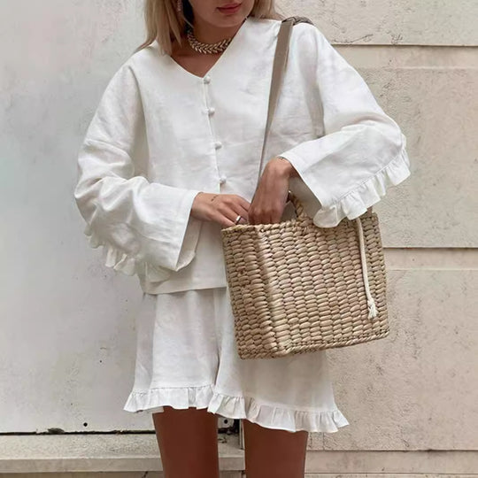 Damen Leicht ausgestelltes Set aus Bluse und Rock mit Rüschen Heidi-Mode