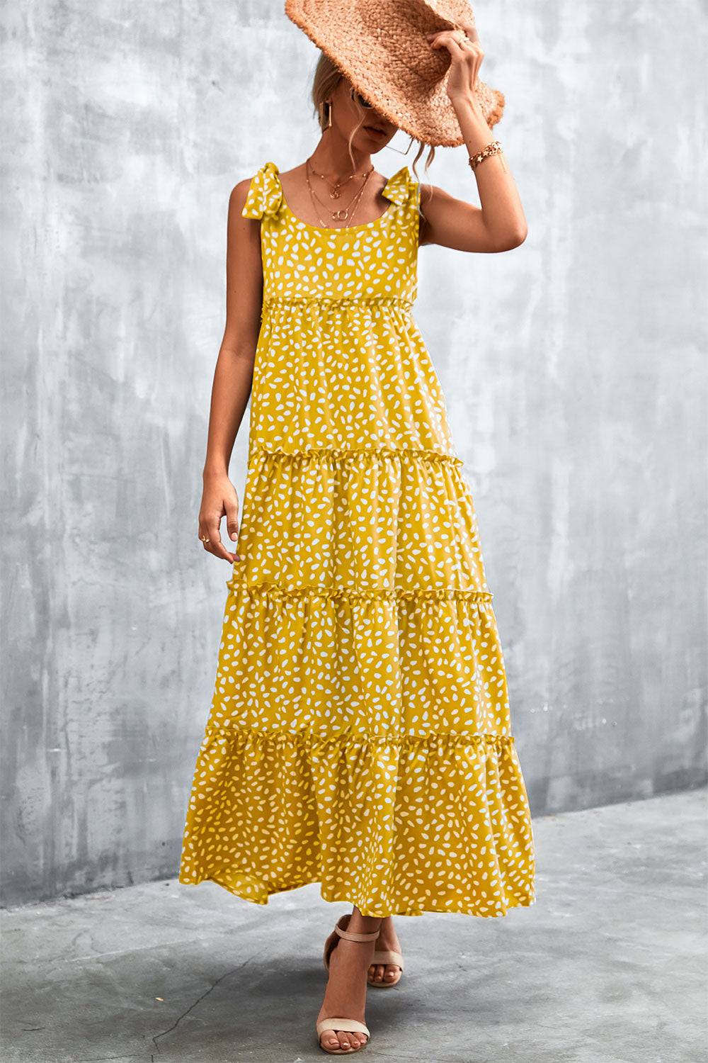 Damen Maxikleid mit verspieltem Volant und zartem Muster Heidi-Mode