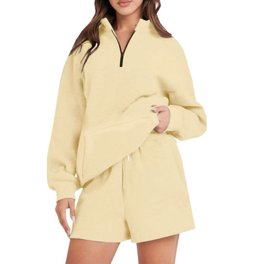 Damen Lässiger Sweatshirt-Set mit hochschließendem Kragen und kurzen Shorts Heidi-Mode