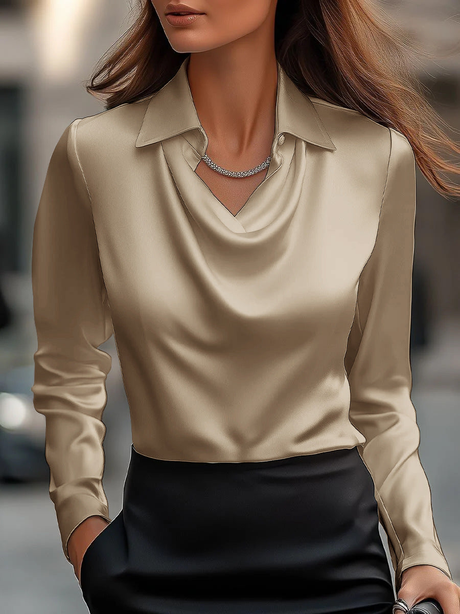 Damen Seidene Bluse mit schickem Wasserfall-Ausschnitt und lange Ärmel Heidi-Mode