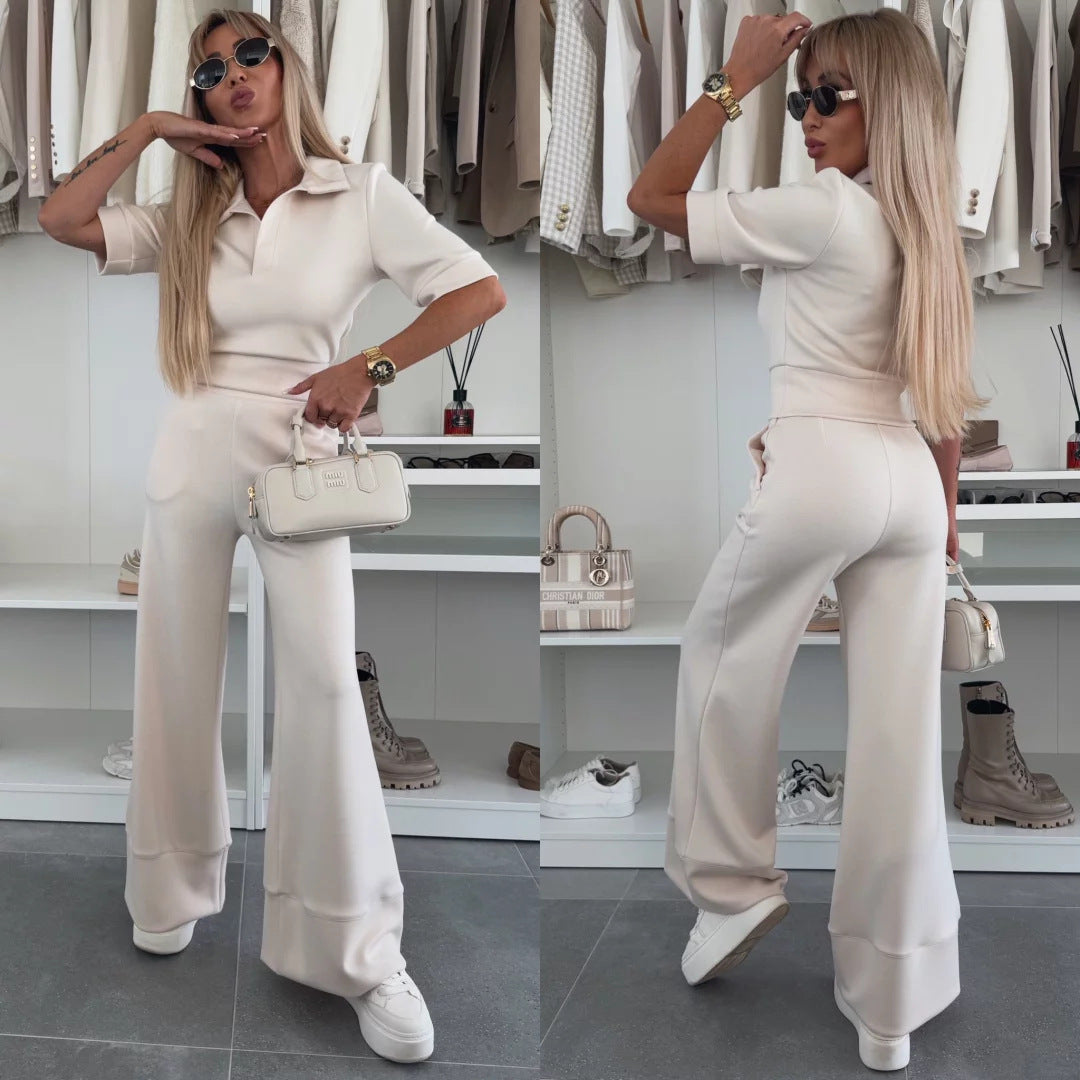 Damen Elegantes Freizeit-Loungewear-Set mit modischem Polo-Oberteil und weit geschnittenen Hosen Heidi-Mode