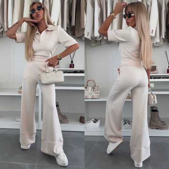 Damen Elegantes Freizeit-Loungewear-Set mit modischem Polo-Oberteil und weit geschnittenen Hosen Heidi-Mode