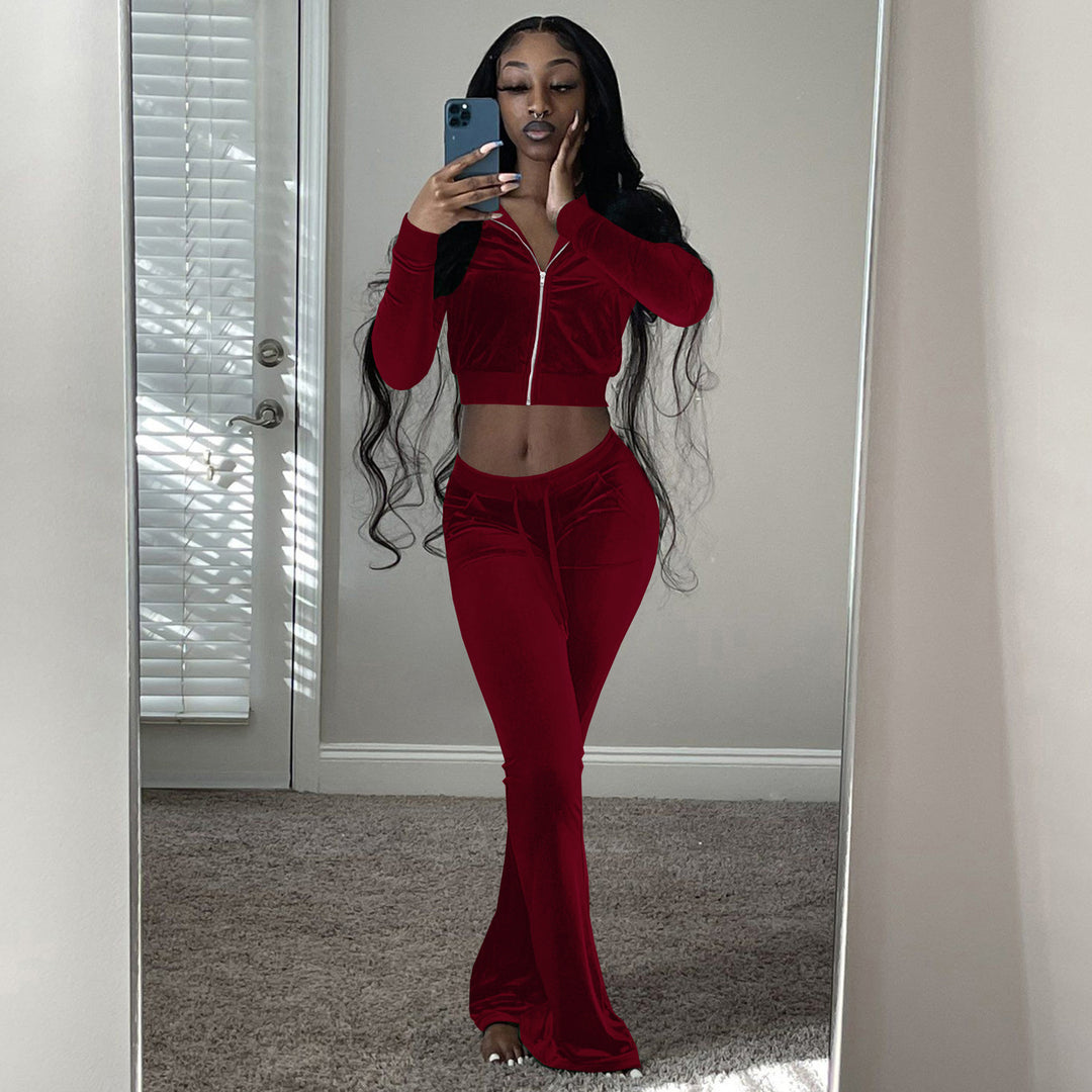 Damen Komfortables Lounge-Set aus weichem Veloursstoff mit Zip-Oberteil und weitem Bein Heidi-Mode