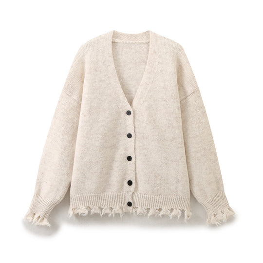 Damen lässige Strickjacke mit fransigem Saum und knöpfbarem Verschluss Heidi-Mode