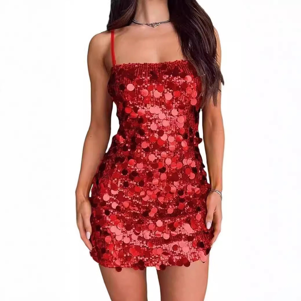 Damen Sexy Minikleid mit funkelnden Pailletten und schmalen Trägern Heidi-Mode