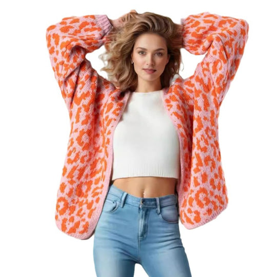 Damen grob gestrickter Cardigan mit stilvollem Leopardenmuster und bequemen Oversize-Details Heidi-Mode