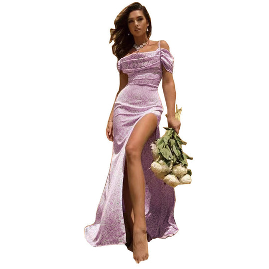 Damen Elegantes Maxikleid mit Off-Shoulder Design und hohem Beinschlitz Heidi-Mode