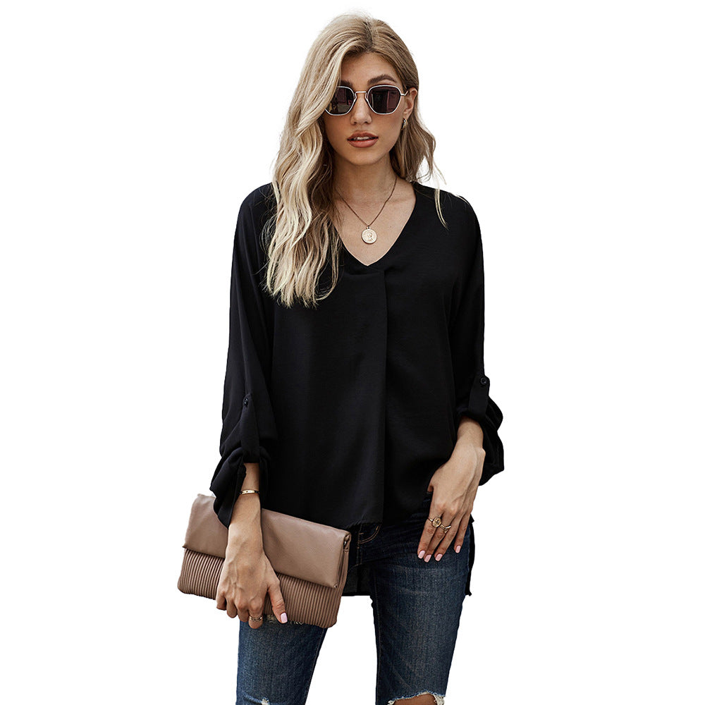 Damen Bluse mit V-Ausschnitt und lässigen langen Ärmeln Heidi-Mode