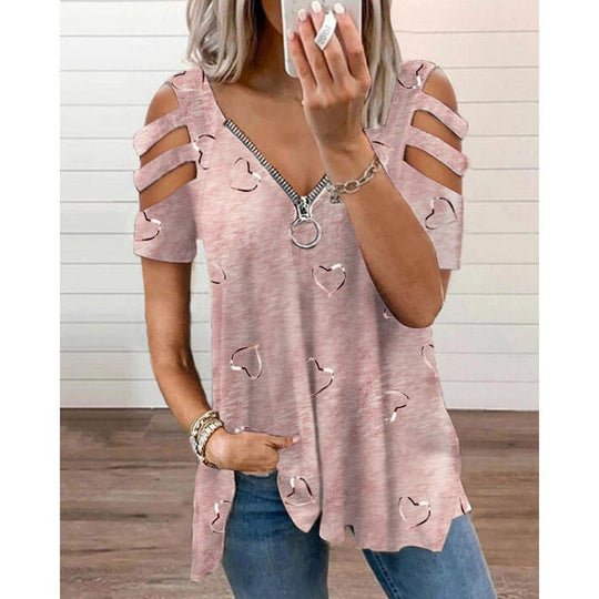 Damen V-Ausschnitt T-Shirt mit Cut-Outs und Herzdesign Heidi-Mode