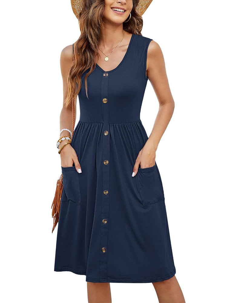 Damen Knielanges Sommerkleid mit Knopfdetails und praktischen Taschen Heidi-Mode