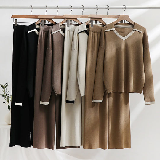 Damen gemütliches Strick-Loungewear-Set mit kontrastierendem Kragen und weitem Bein Heidi-Mode