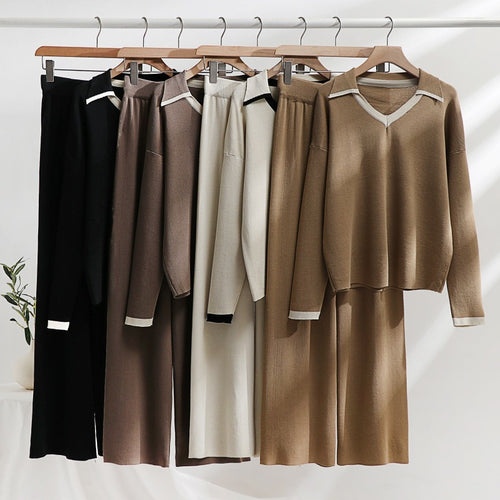 Damen gemütliches Strick-Loungewear-Set mit kontrastierendem Kragen und weitem Bein Heidi-Mode
