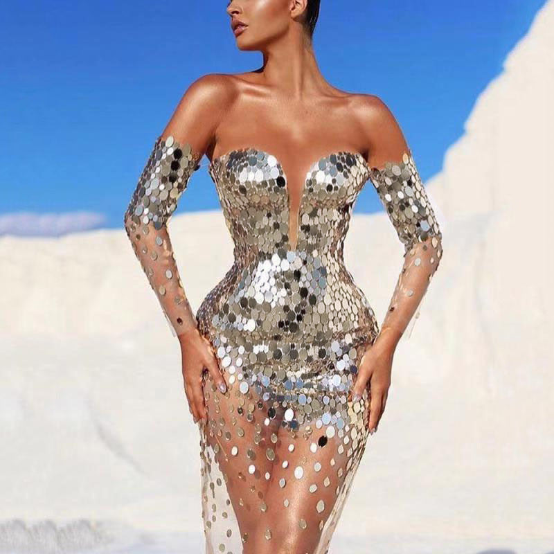 Damen Glitzerndes Abendkleid mit transparenten Ärmeln Heidi-Mode