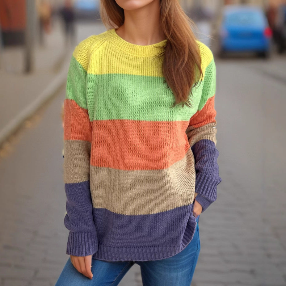Damen lässiger Strickpullover mit bunten Blockstreifen und weitem Schnitt Heidi-Mode
