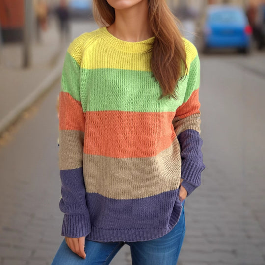 Damen lässiger Strickpullover mit bunten Blockstreifen und weitem Schnitt Heidi-Mode
