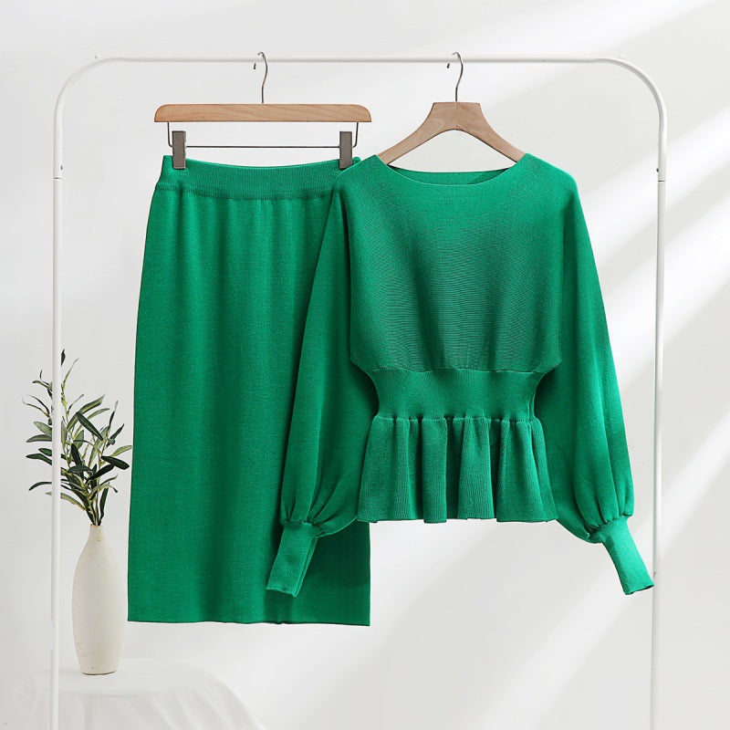Damen elegantes Strickensemble mit Raffung und Ballonärmeln Heidi-Mode