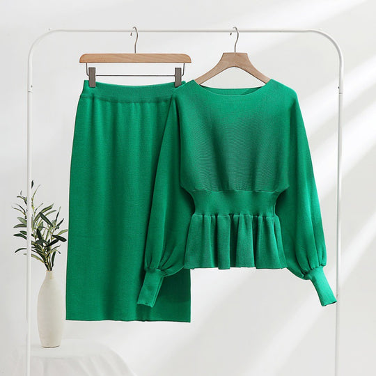 Damen elegantes Strickensemble mit Raffung und Ballonärmeln Heidi-Mode