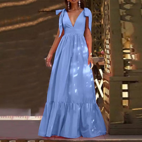 Damen Maxikleid mit tiefem V-Ausschnitt und verspielten Schleifen Heidi-Mode