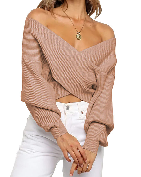 Damen eleganter cropped Pullover mit weitem V-Ausschnitt und Rippstruktur Heidi-Mode