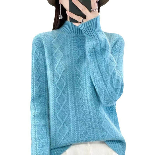 Damen Hochwertiger Strickpullover mit Stehkragen und Zopfdesign Heidi-Mode