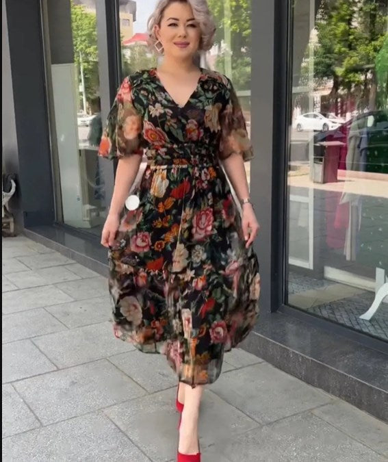 Damen Floral Maxi Kleid mit Rüschensleeves und hohem Schlitz Heidi-Mode