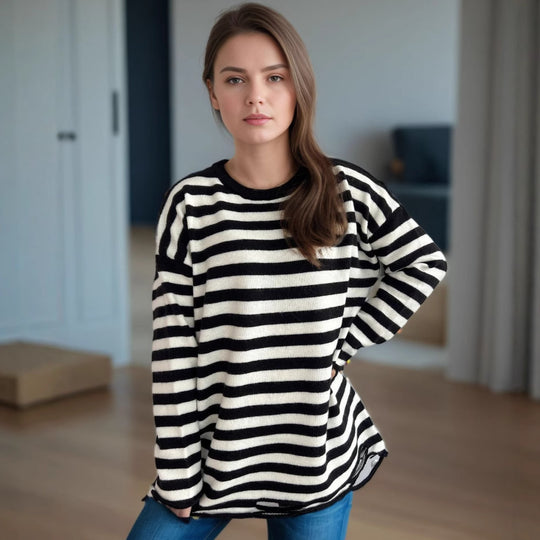Damen lässiger Oversize-Pullover mit breiten Streifen Heidi-Mode