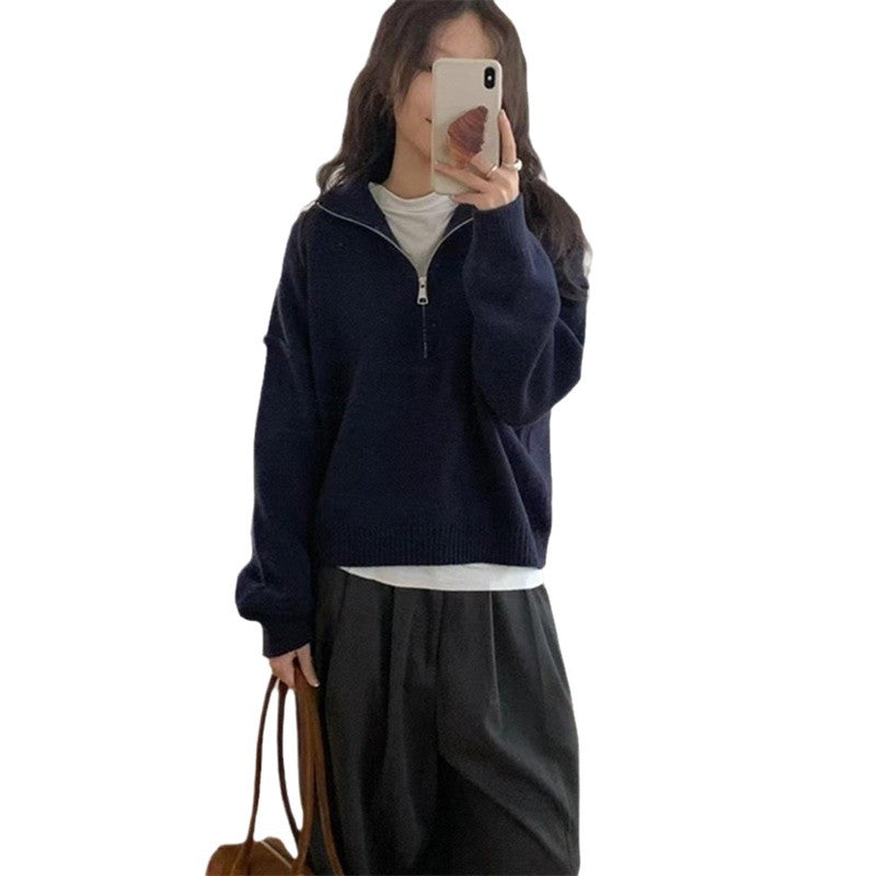 Damen lässiger Pullover mit kurzem Reißverschluss und entspannter Passform Heidi-Mode