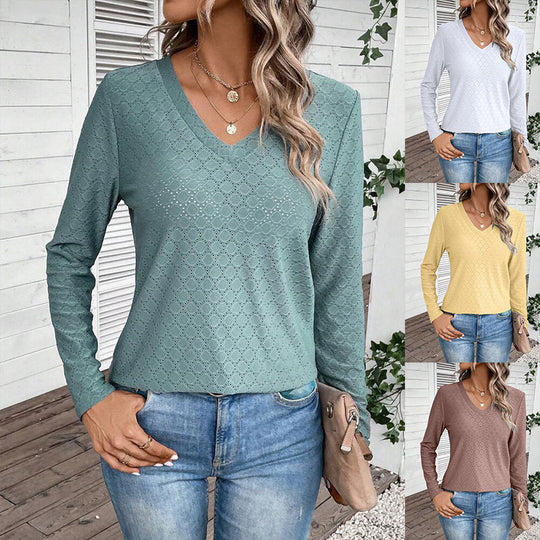 Damen V-Ausschnitt Bluse mit gewebtem Lochdesign und eleganten Ärmeln Heidi-Mode
