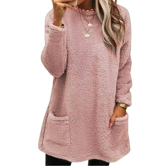 Damen Pullover mit weichem Teddy-Fleece und praktischen Taschen Heidi-Mode