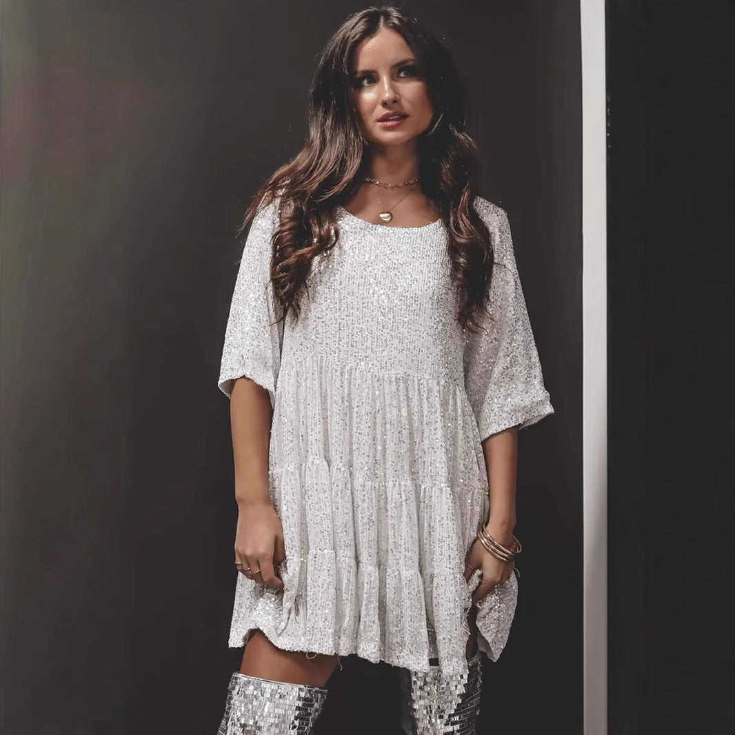Damen Festliches Minikleid mit funkelndem Pailletten-Design und voluminösem Saum Heidi-Mode
