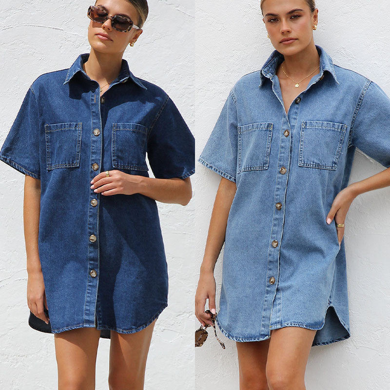 Damen Denim Hemdkleid mit kurzen Ärmeln und praktischen Taschen Heidi-Mode