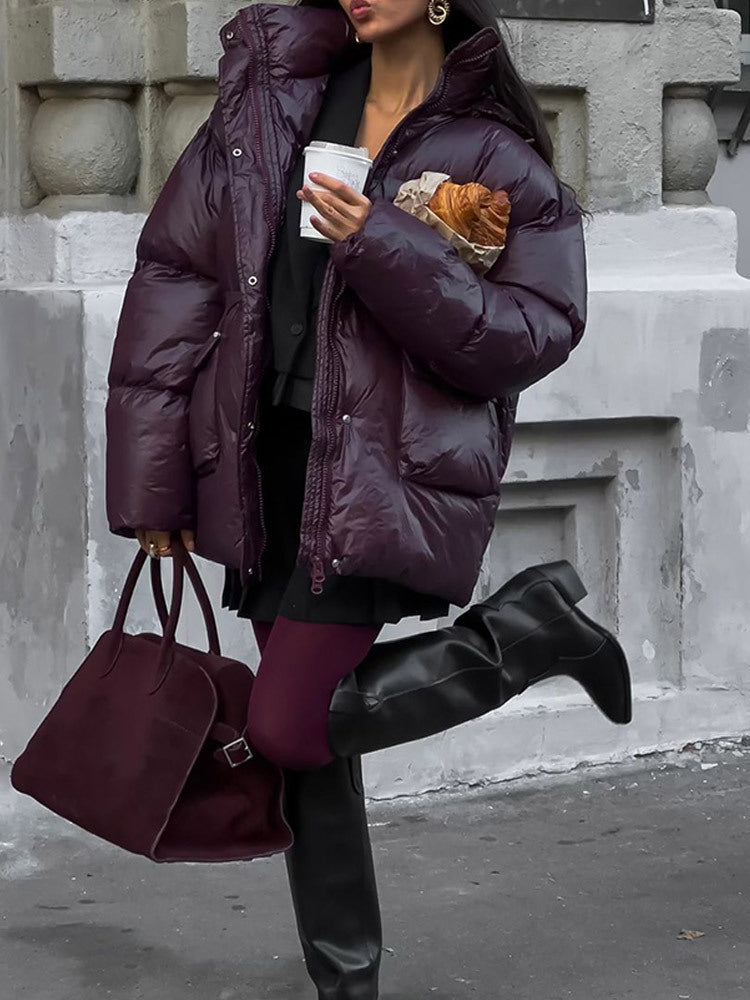 Damen Oversized Daunenjacke mit sichtbarem Steppdesign und hohem Kragen Heidi-Mode