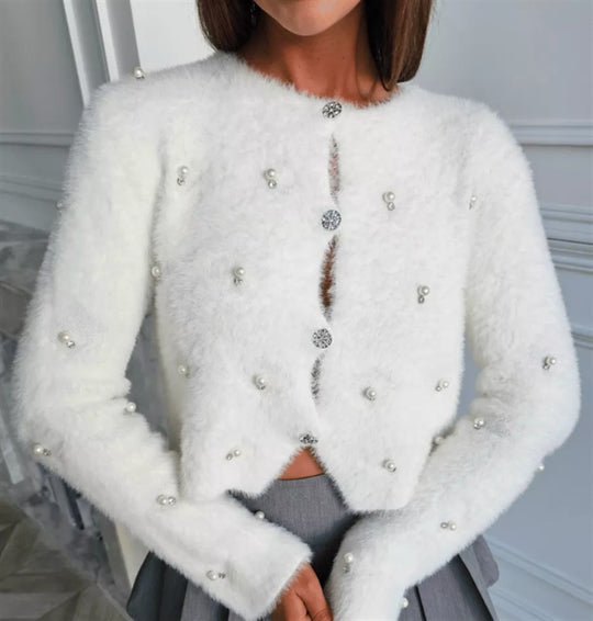 Damen Flauschige Strickjacke mit Schmuckknöpfen und elegantem Schnitt Heidi-Mode