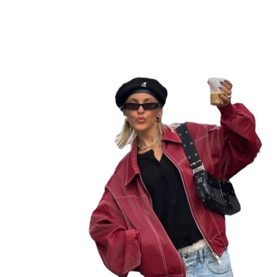 Damen Kunstlederjacke mit elastischen Bündchen und hochschließendem Kragen Heidi-Mode