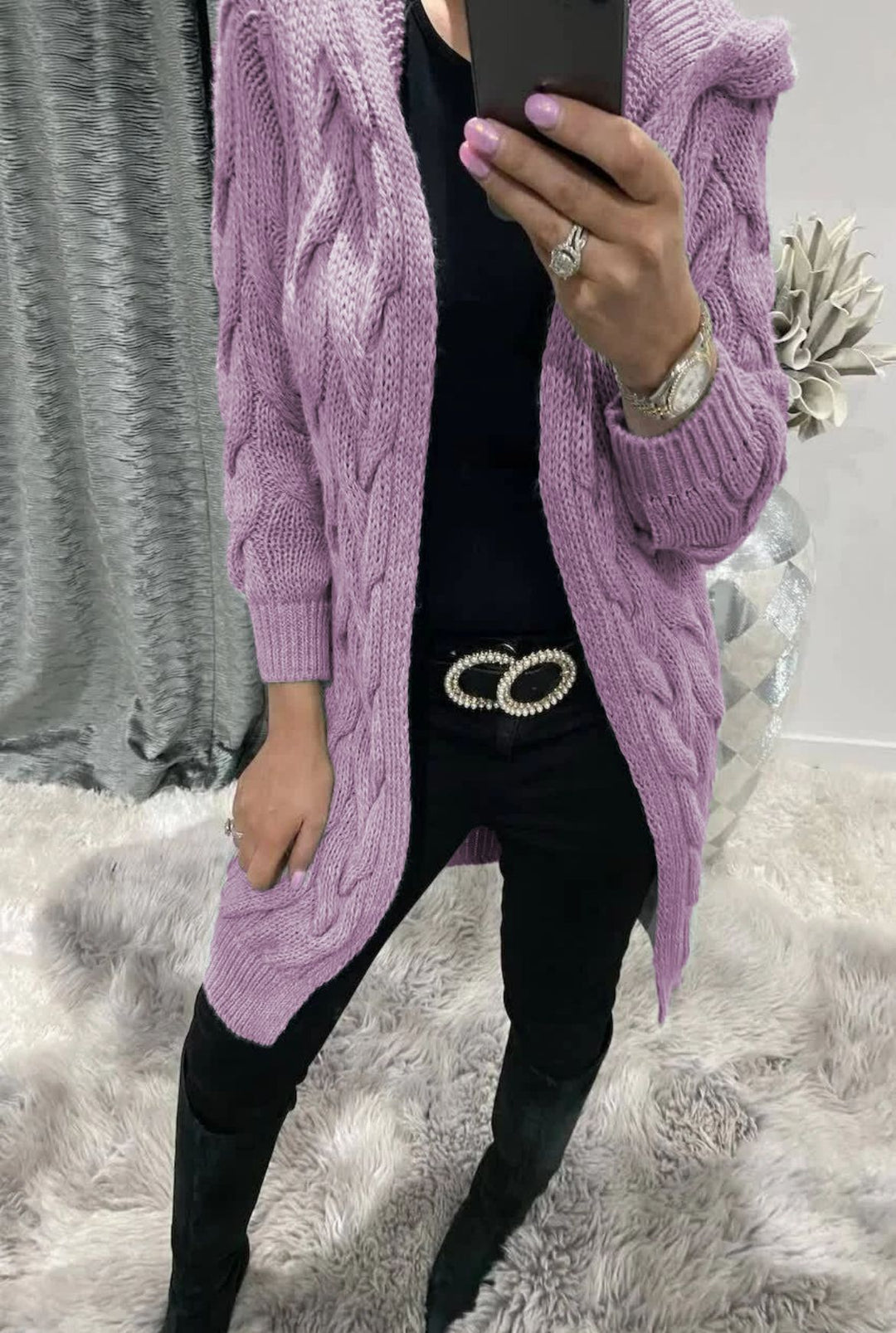 Damen Grobstrick-Cardigan mit Kapuze und Zopfmuster Heidi-Mode