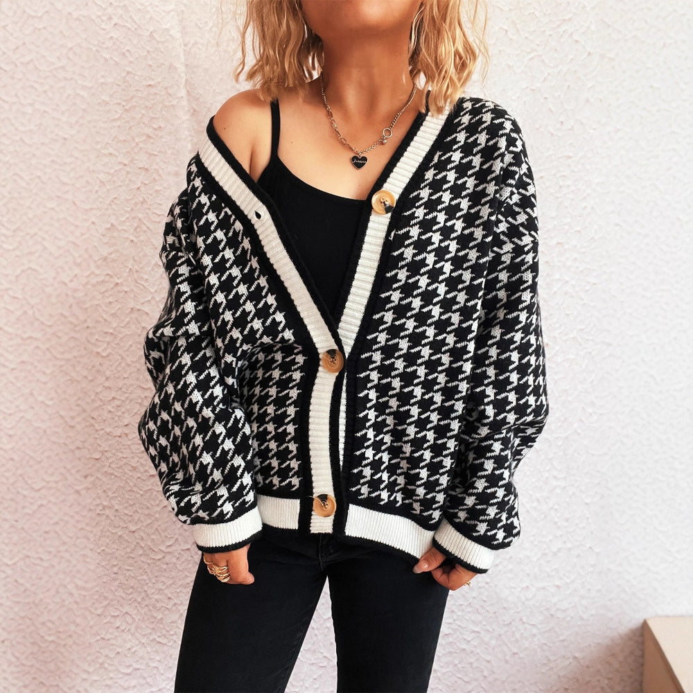 Damen lässiger Strickcardigan mit modischem Hahnentritt-Muster und Holzknöpfen Heidi-Mode