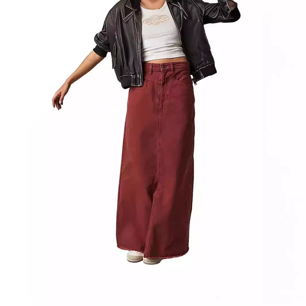 Damen Langer Denim-Rock mit hohem Bund und praktischen Taschen Heidi-Mode