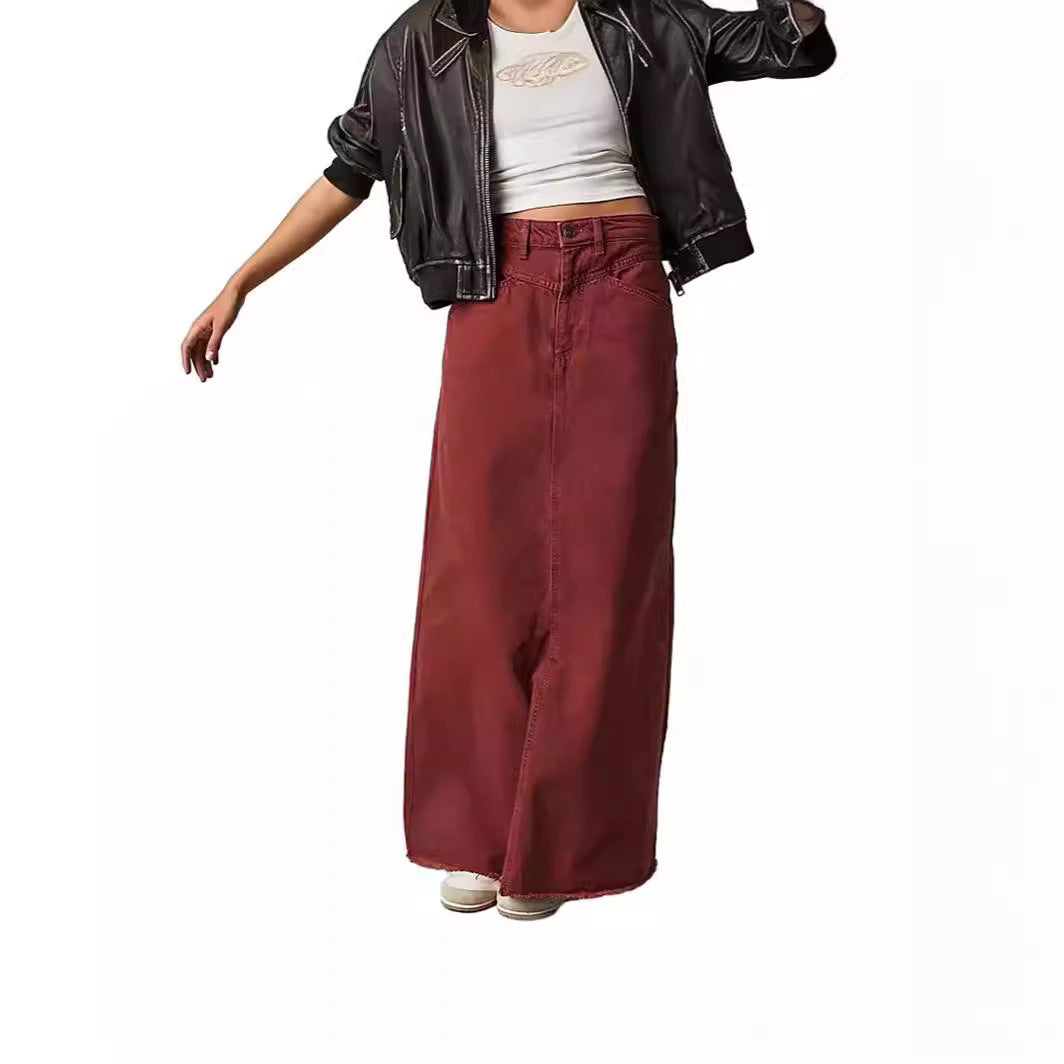 Damen Langer Denim-Rock mit hohem Bund und praktischen Taschen Heidi-Mode