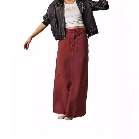 Damen Langer Denim-Rock mit hohem Bund und praktischen Taschen Heidi-Mode