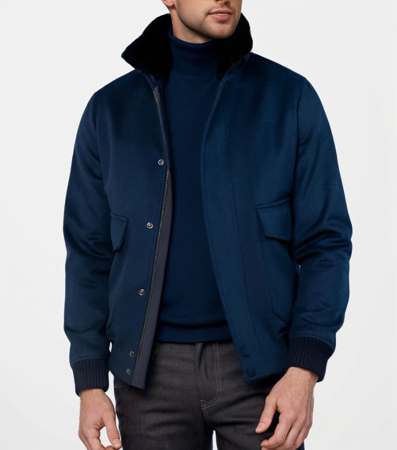 Herren elegante Kurzjacke mit Kunstfellkragen und praktischen Taschen Heidi-Mode