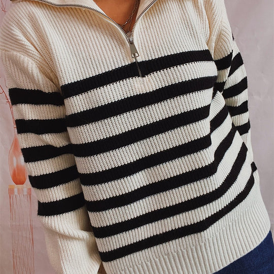 Damen gestreifter Pullover mit modernem Stehkragen und kurzer Reißverschluss Heidi-Mode