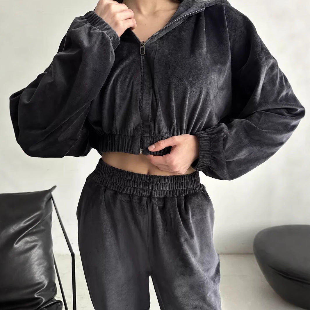 Damen Sportliche Velours-Jacke mit modernem Reißverschluss und elastischem Bund Heidi-Mode